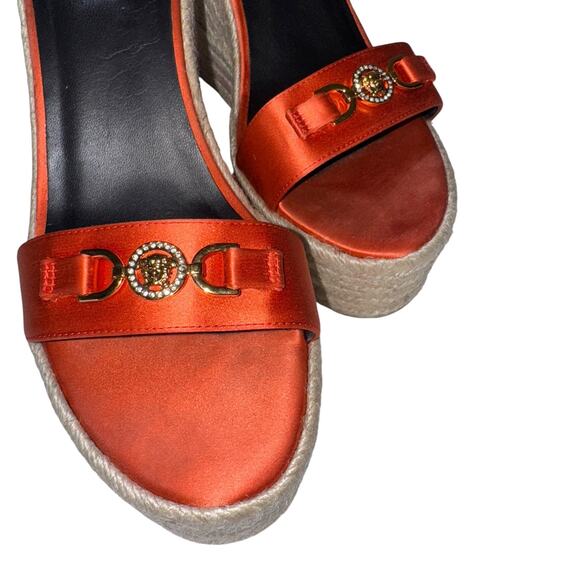 Versace Medusa Orange Coral Satin Espadrille Platform Wedge Sandals Size 41 - Picture 12 of 16